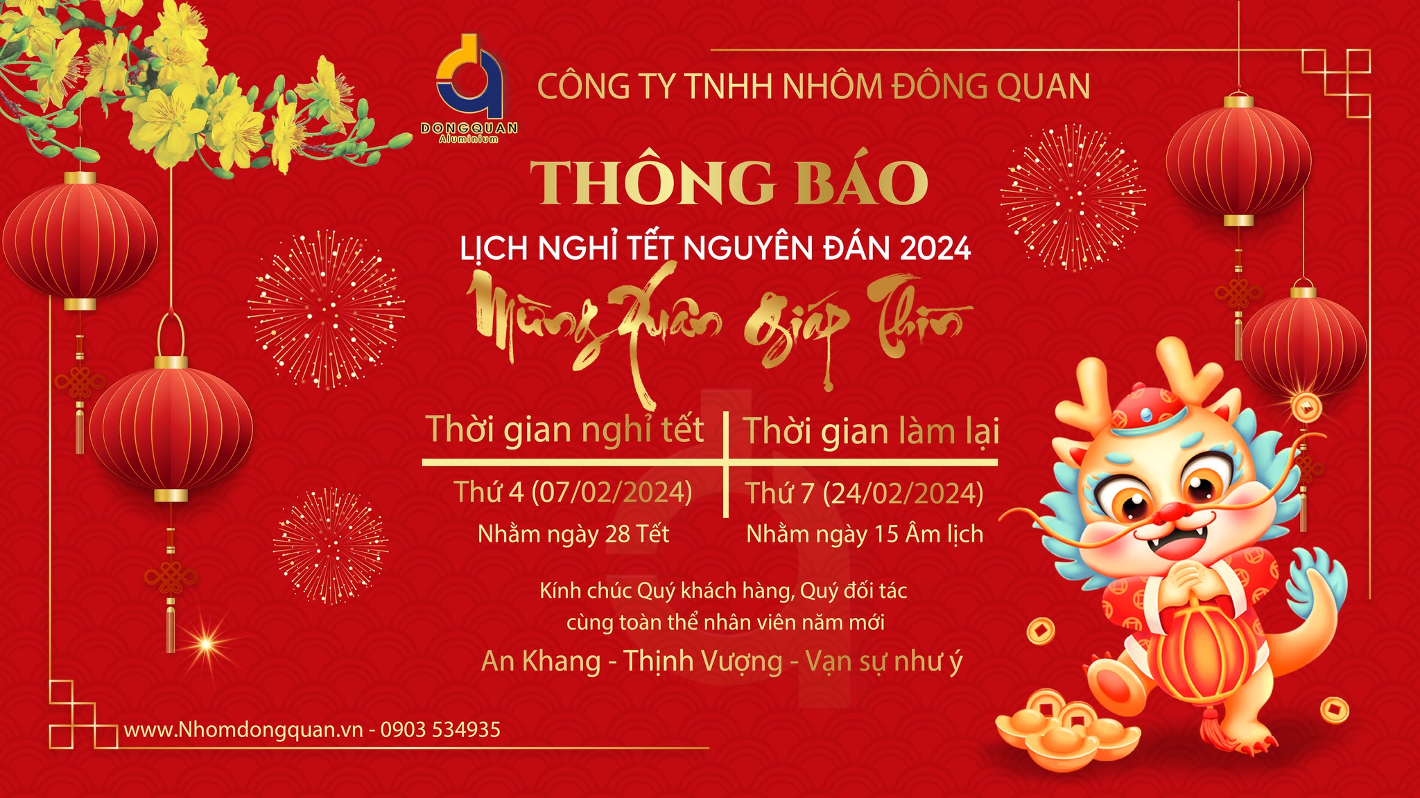 [THÔNG BÁO] LỊCH NGHỈ TẾT NGUYÊN ĐÁN 2024